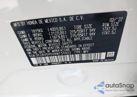 2022 Honda Hr-V 2Wd Ex из США, поврежденный, VIN 3CZRU5H50NM734922